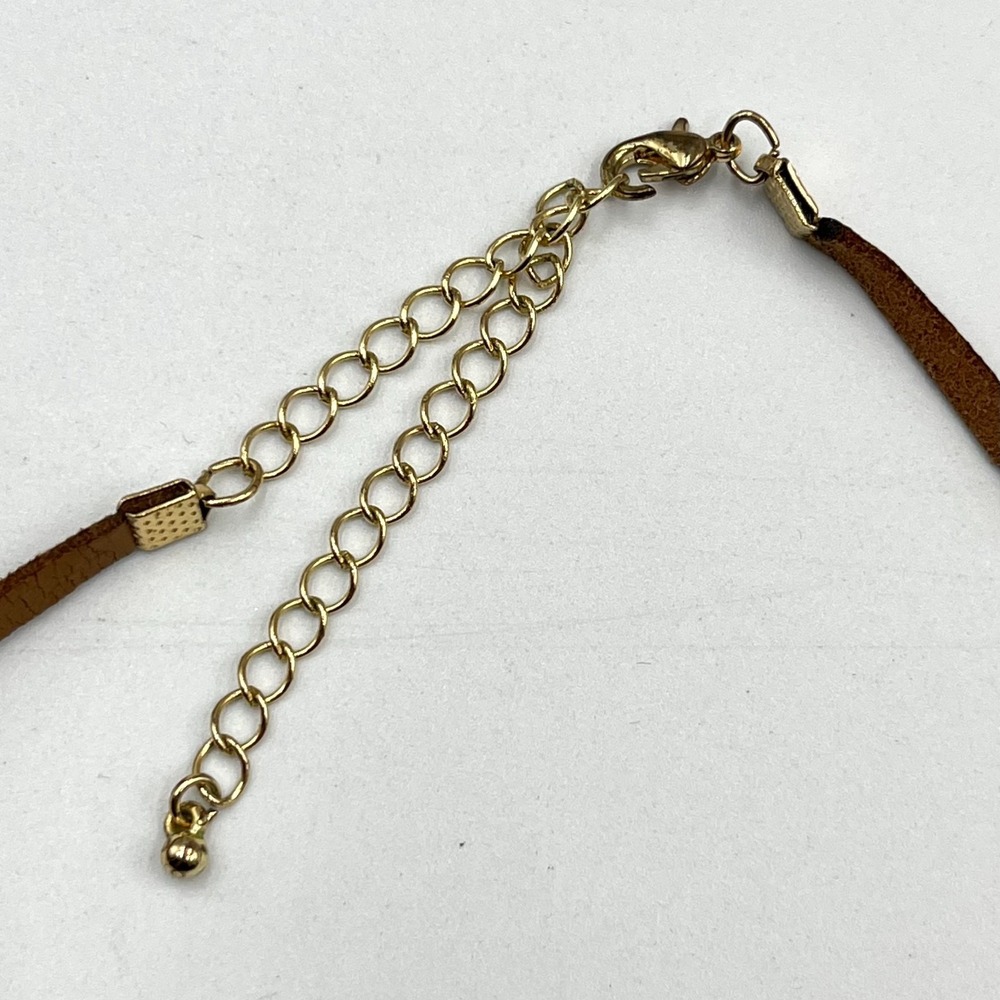 Vintage Boho Brown Faux Leather Choker Necklace Turquoise Stone Gold Tone 80s - Picture 5 of 9